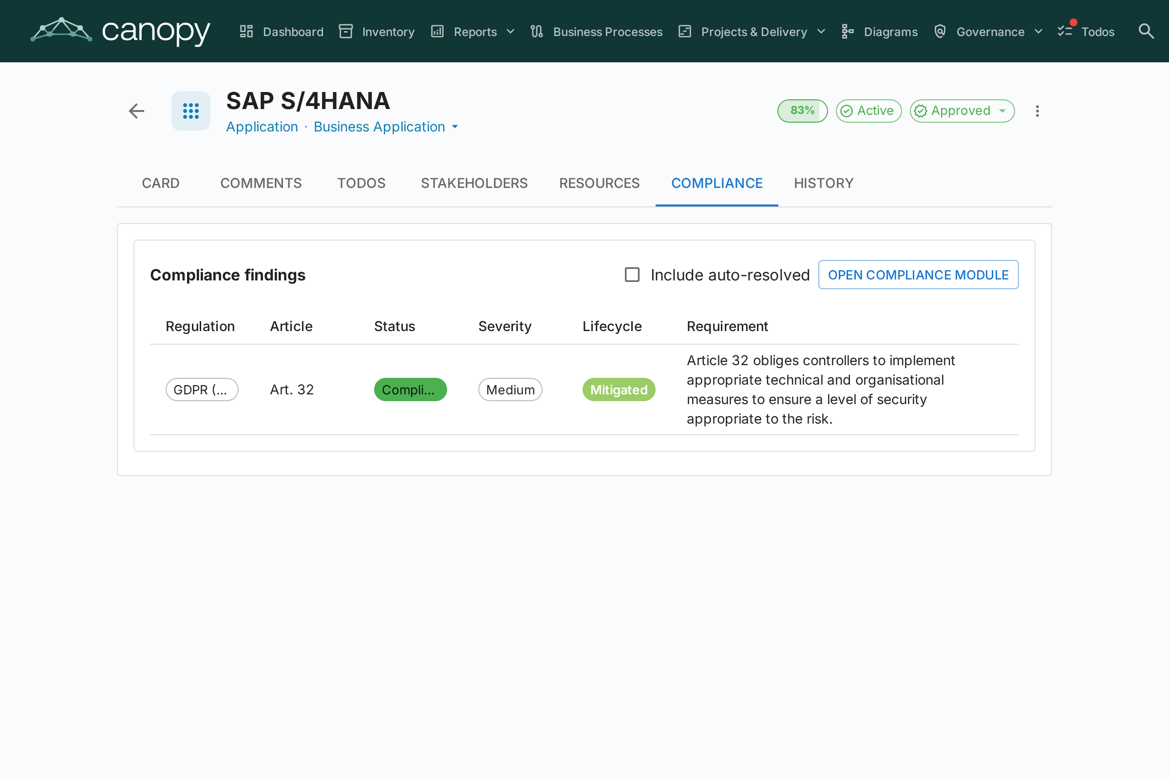 Card detail — Compliance tab