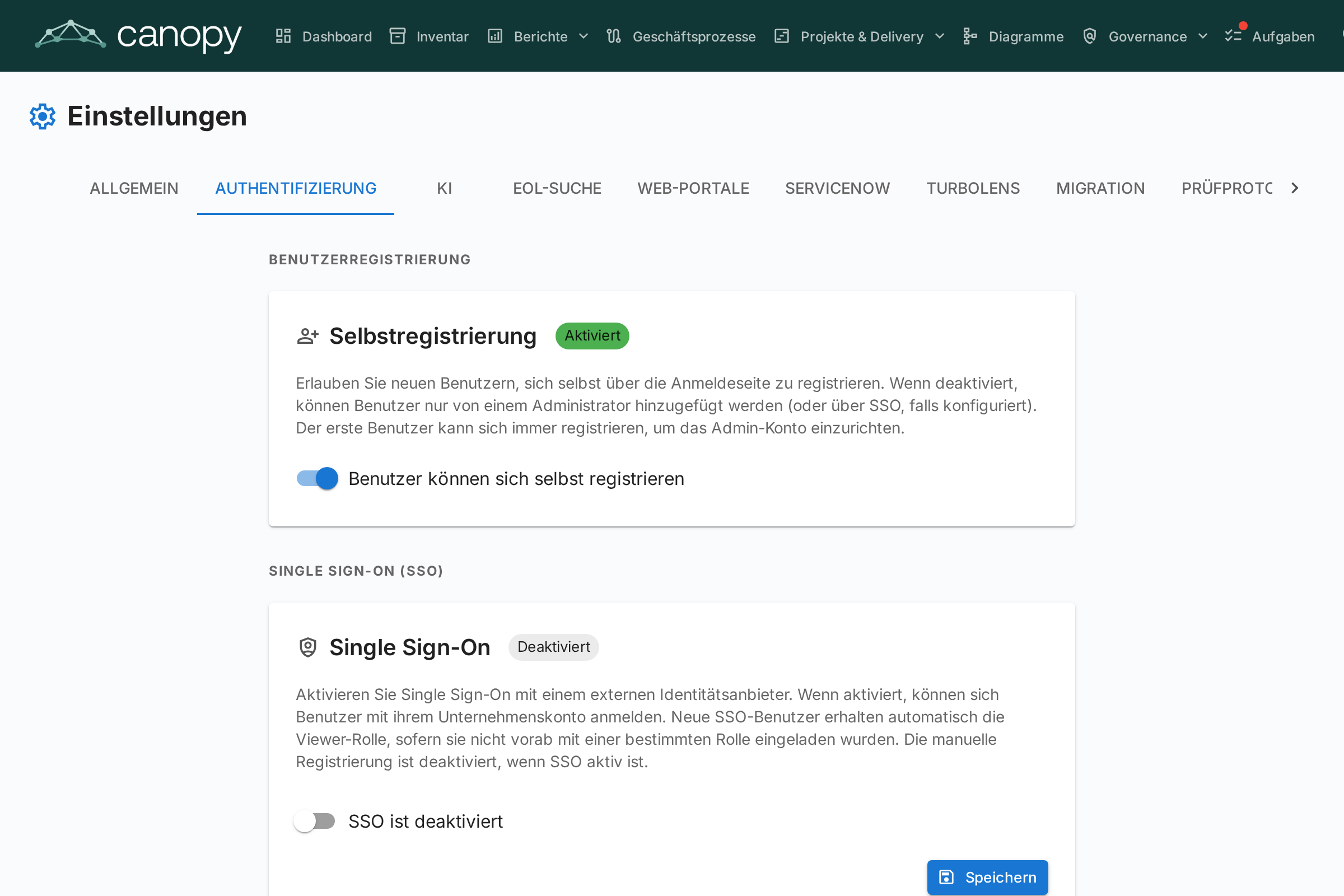Authentifizierung &amp; SSO-Einstellungen