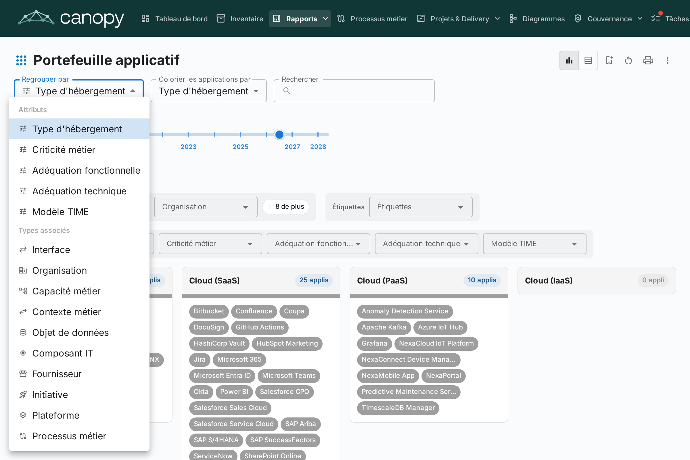 Portefeuille flexible — portefeuille d'Objets de données regroupé par Application et coloré par Sensibilité des données