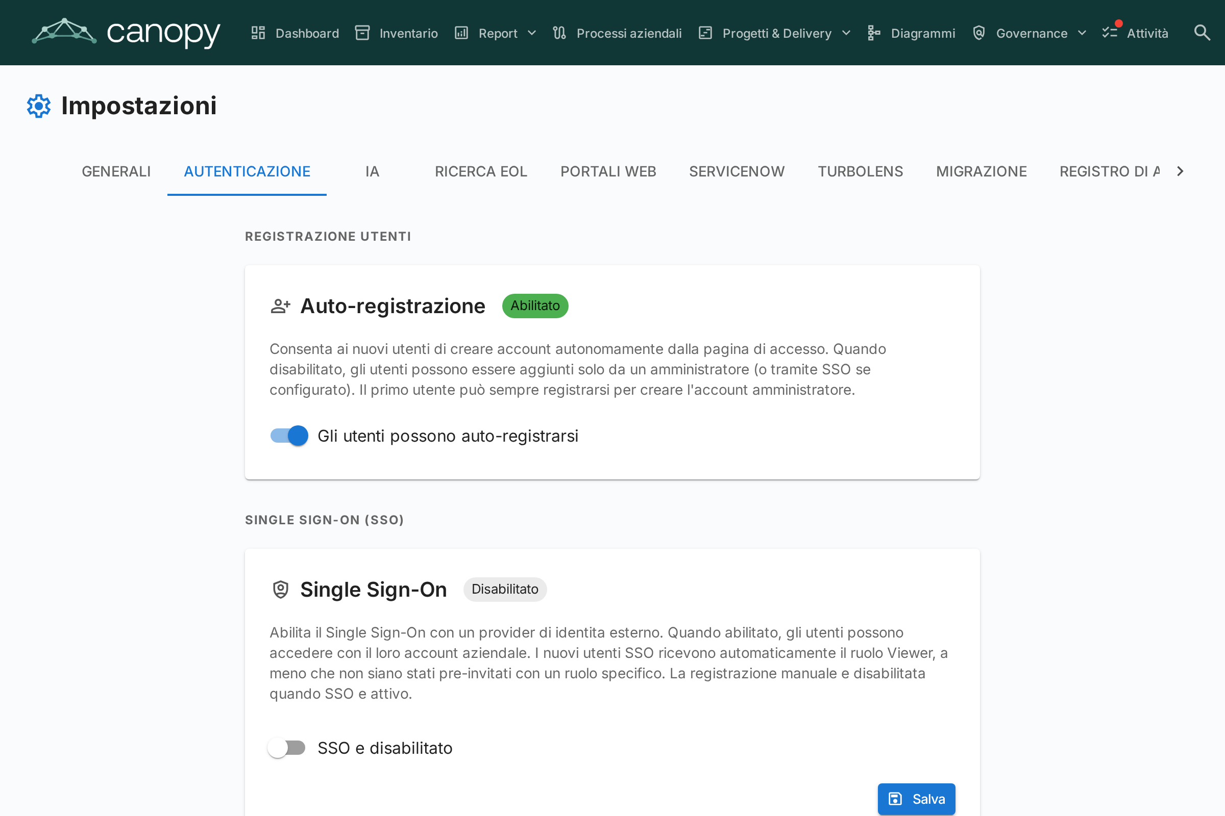 Impostazioni di autenticazione e SSO