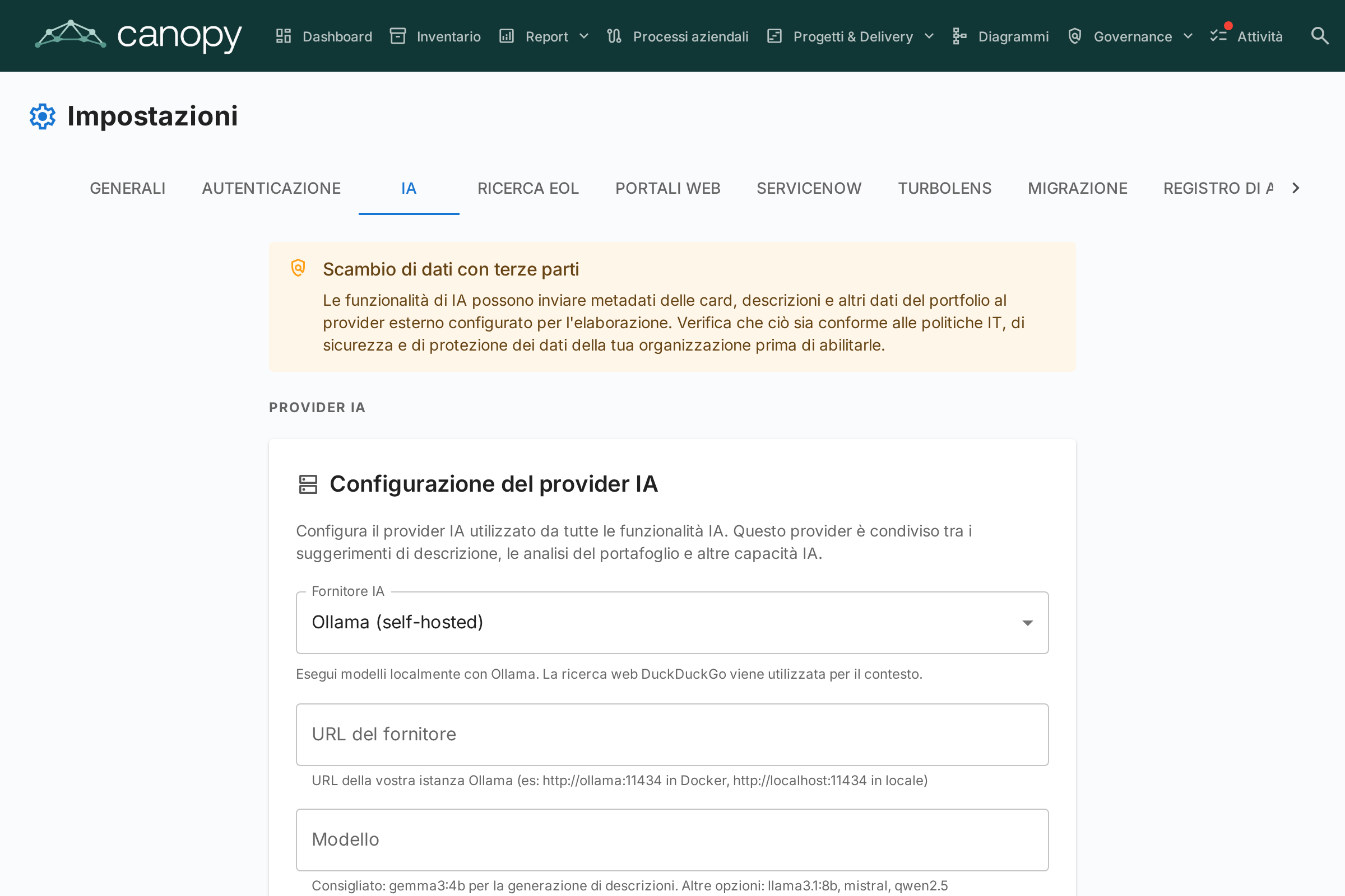 Impostazioni suggerimenti AI