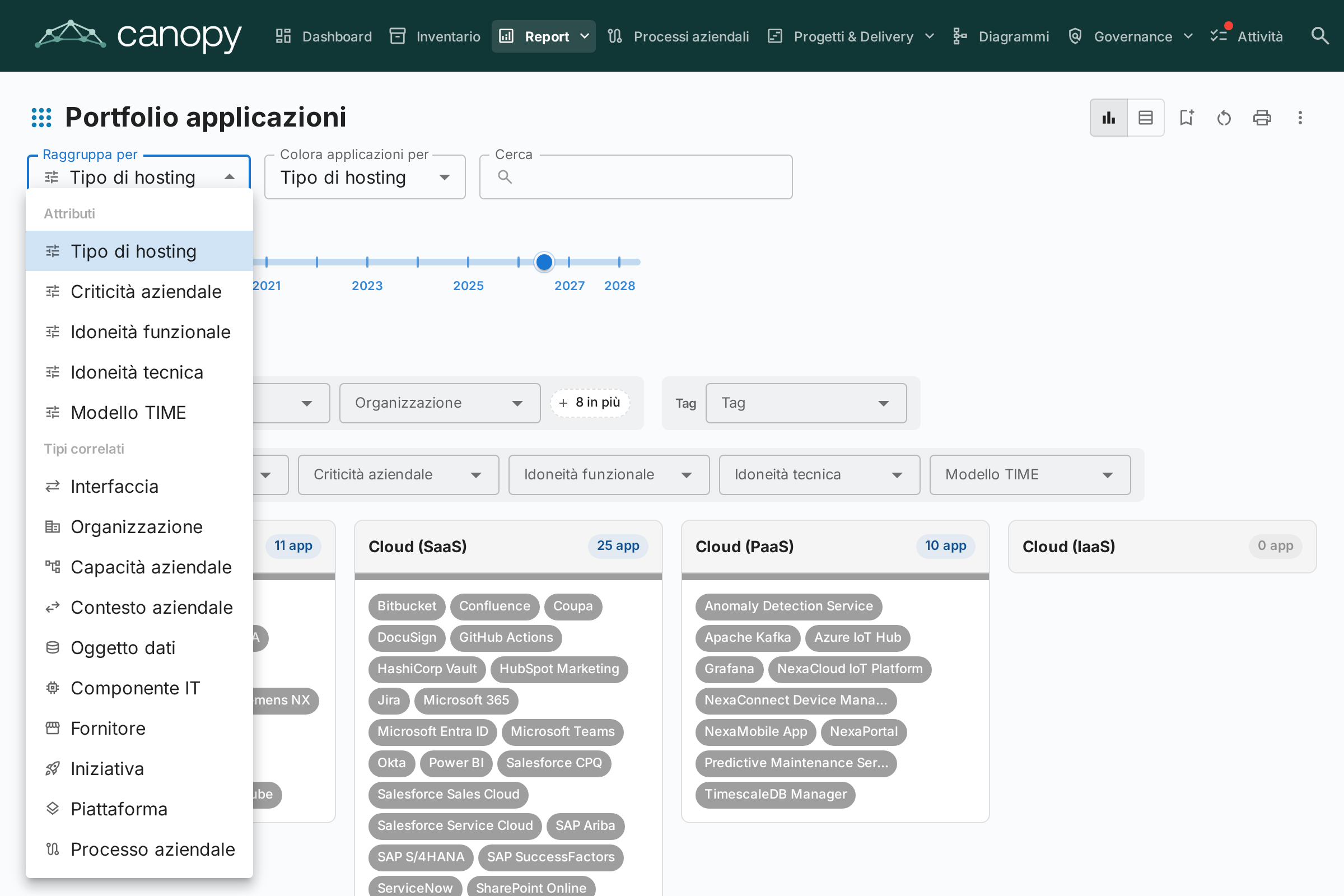 Portfolio flessibile — portfolio di Oggetti dati raggruppato per Applicazione e colorato per Sensibilità dei dati
