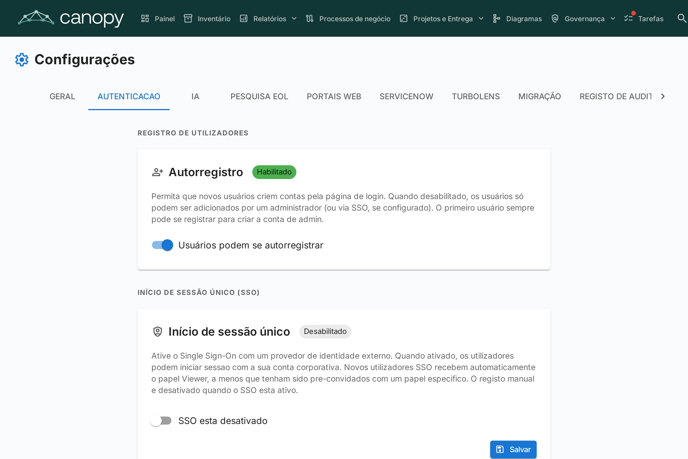 Configurações de Autenticação e SSO